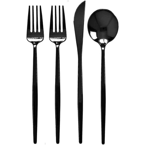 BLACK SILVERWARE SET | Plastic Flatware | 96 PC Set | Opulence Collection