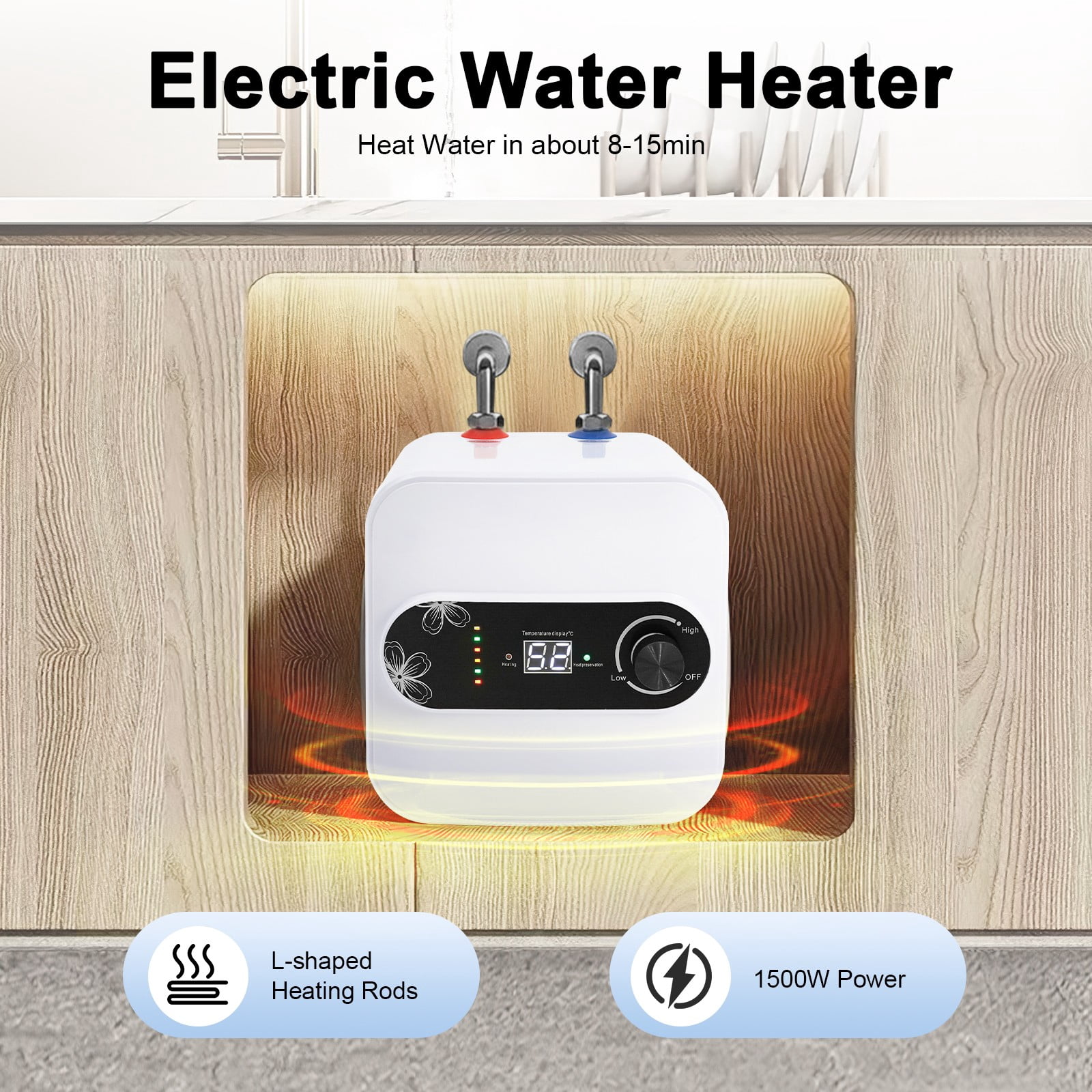 8L 1500W Mini Tank Electric Water Heater, IPX4 Stainless Steel Vertical Hot Water Heater, for Kitchen RV