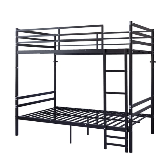 FENGFAN Twin Over Twin Metal Bunk Bed Flat Ladder Full Guardrail Iron Frame Black Single Bed Pack