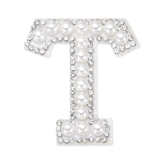 Uxcell Iron on Pearl Letter T Patches, Pearl Rhinestone A-Z Alphabet Self Adhesive Sew on Patches, Glitter Letter Applique for Clothes Fabric DIY Backpack, White