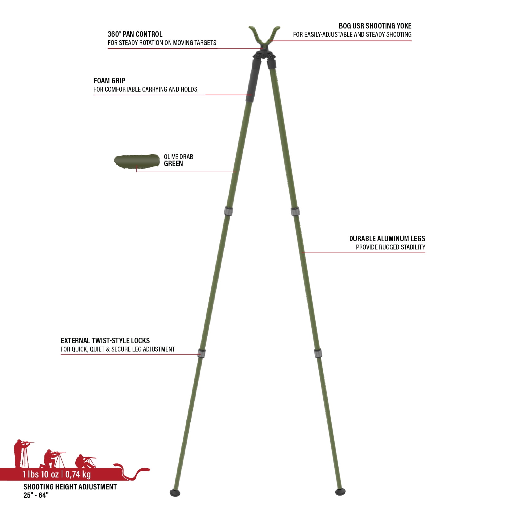 BOG Deadshot Bipod. Durable Aluminum. 25" - 64" Height Range. Foam Grip and External Twist Locks. Includes 1 Bipod.