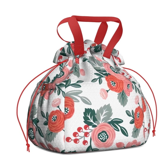Pioneer Flower Floral Print Pattern Drawstring Lunch Bag Women - Drawstring Lunch Bag Insulated for Work Office - Stain-Resistant Large Lunchbags for Women with Multi-Pockets