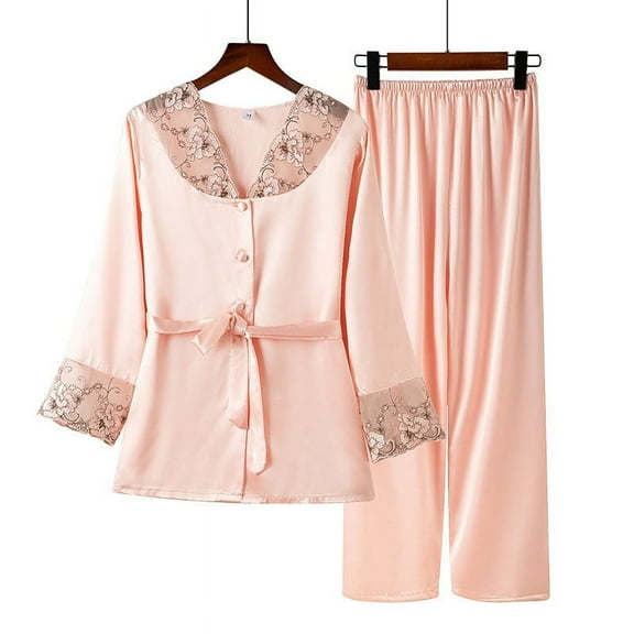 Herrnalise Silk Satin Pajamas Set Women Two-Piece Nightwear Long Sleeve Sleepwear With Belt Soft Button Down Loungewear Pjs Set For 2XL
