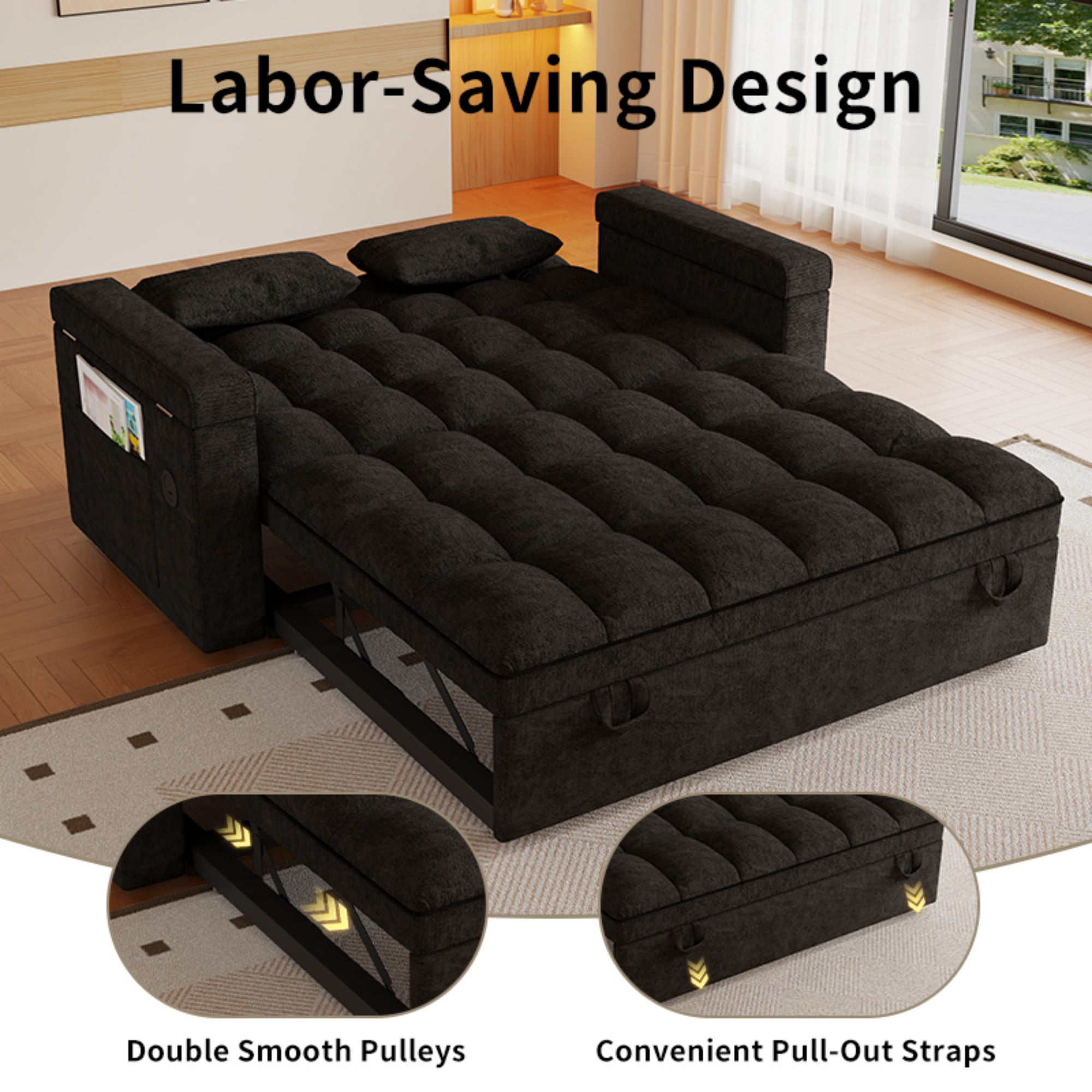 DEALTOPS 65" Chenille 3-in-1 Pull Out Sleeper Sofa Bed, Loveseat Couch with Tray Table & USB, Black
