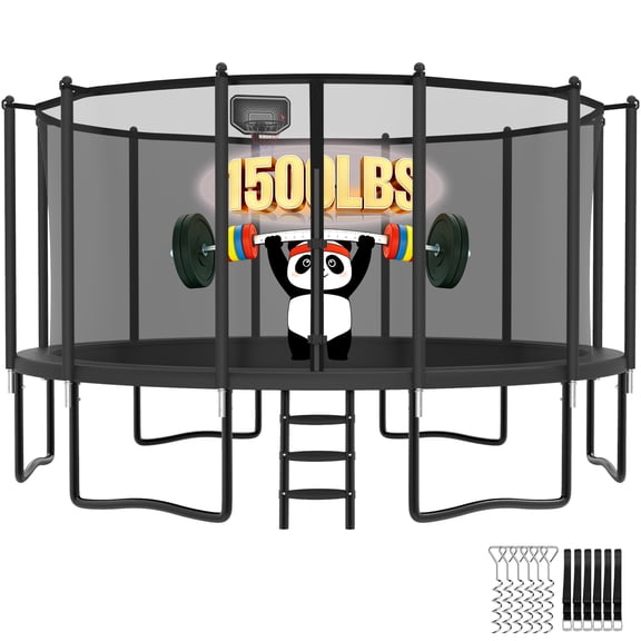Cochan Trampoline with Enclosure for Kids and Adults, 14FT Trampoline with Basketball Hoop, Ladder, Silent Basketballs, Windproof Stake, Outdoor Heavy Duty Galvanized Trampoline, Easy Install