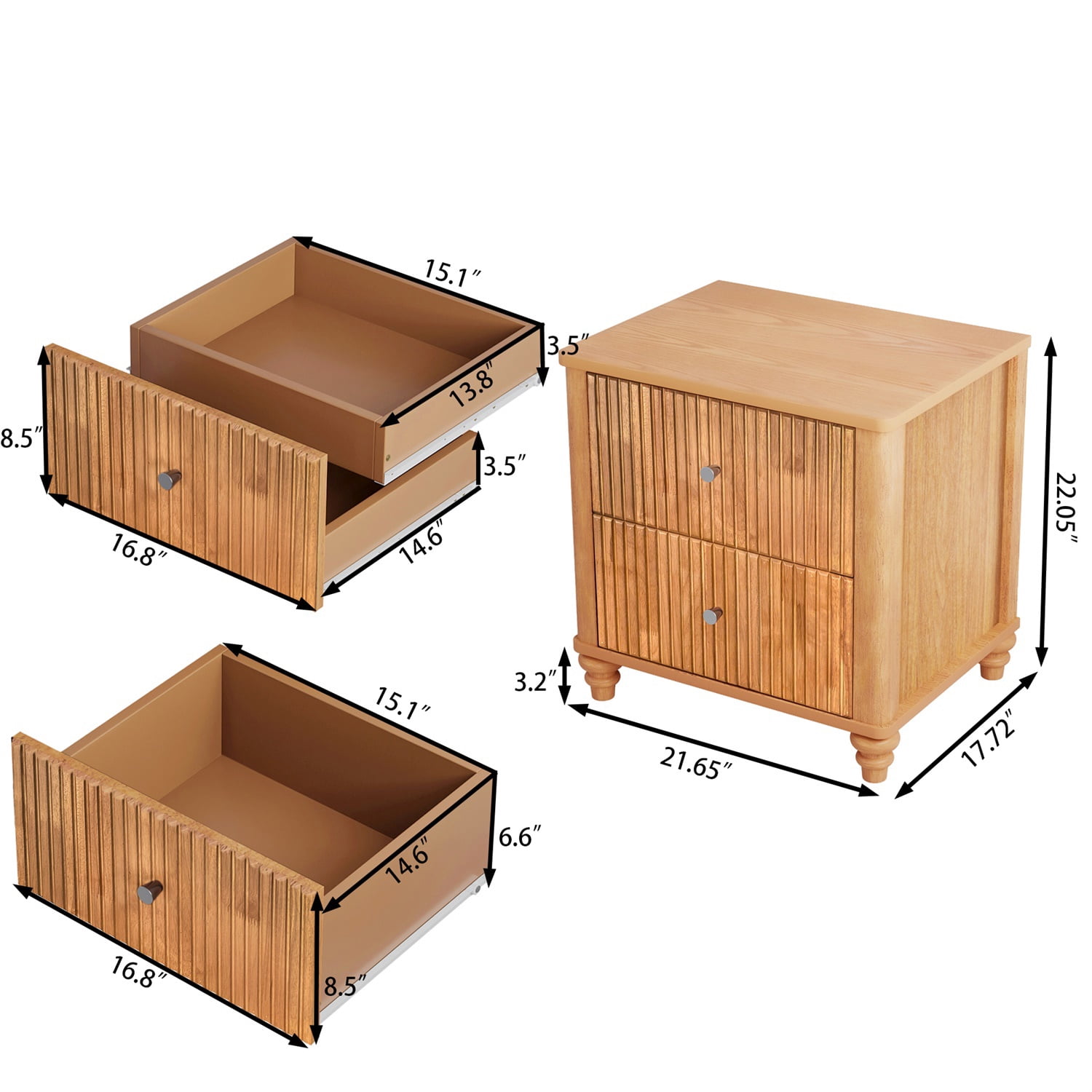 Hommoo Mid Century Modern Wooden Fluted Nightstand, 21.65" Wide Bedside End Table Side Table with 3 Drawers and Metal Handle, for Bedroom, Living Room, Closet, Natural