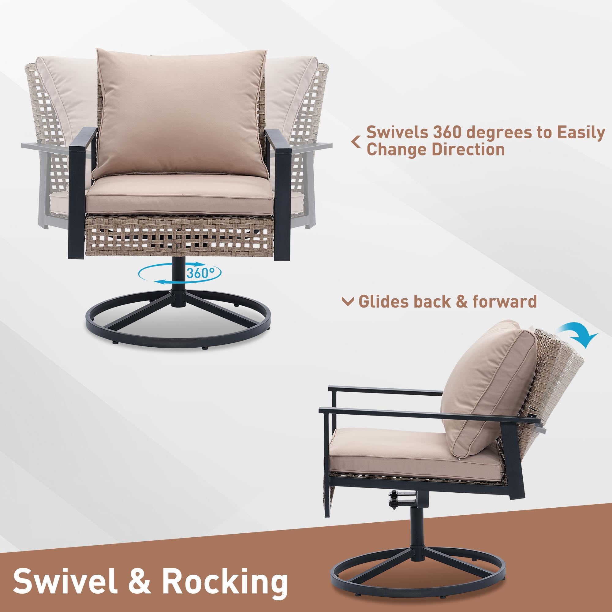 Ainfox Premium Patio Swivel Bistro Set,Wicker Rattan Rocking Chairs w/Glass Top Table & Cushions,Khaki