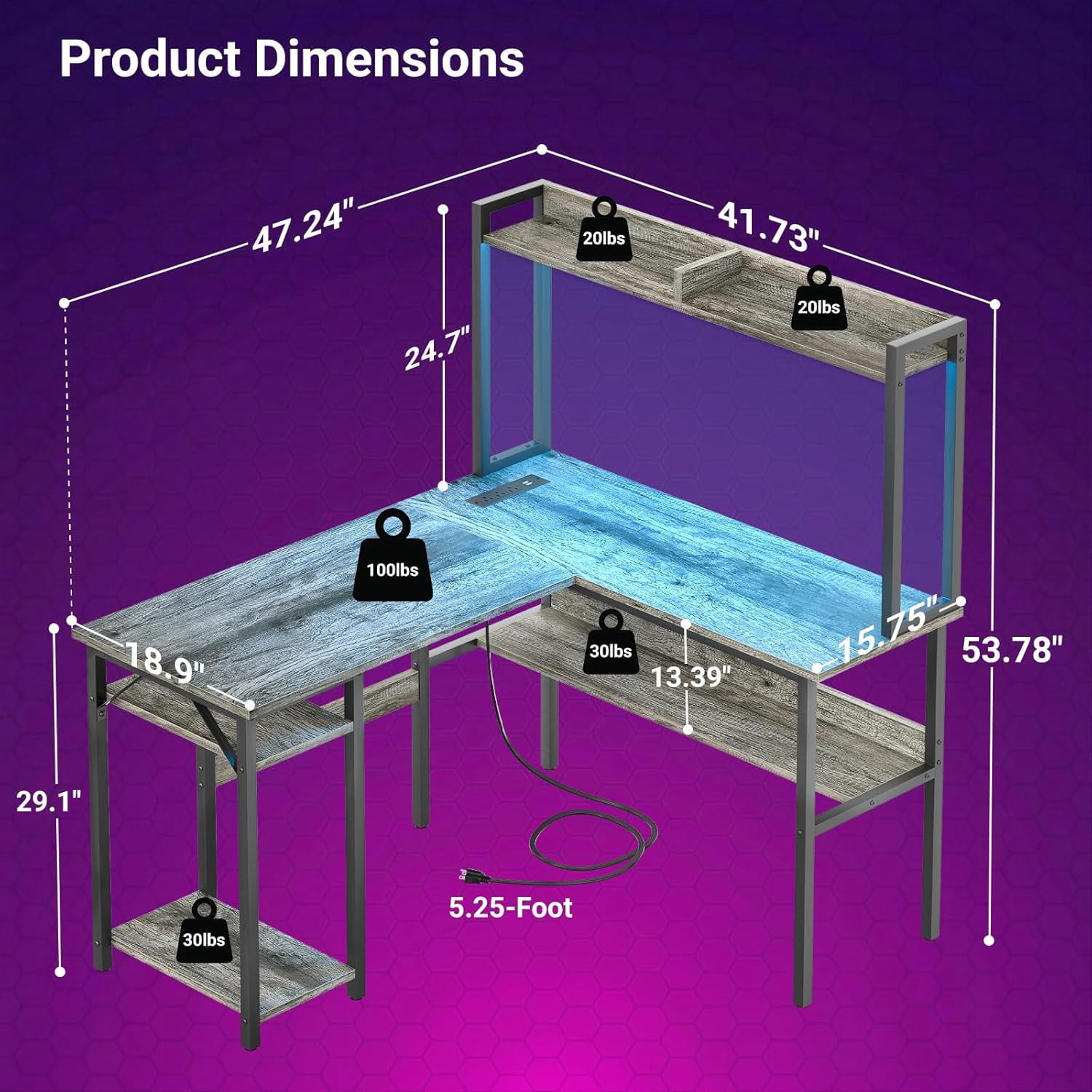 Gaming Desk L Shaped, Corner PC Computer Desk with Hutch,RGB LED Lights,Power Outlet,Storage Shelves, 47.2" Reversible Large Surface Table for Bedroom Home Office