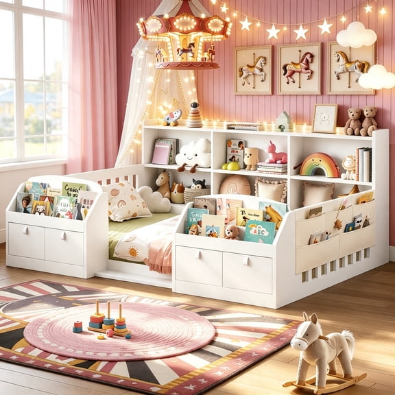 Twin Montessori Floor Bed with High Safety Rails, Bed Frame with Storage Bookcase& Shelves& Fabric Drawers, Sturdy Wooden Platform Bed Frame, White