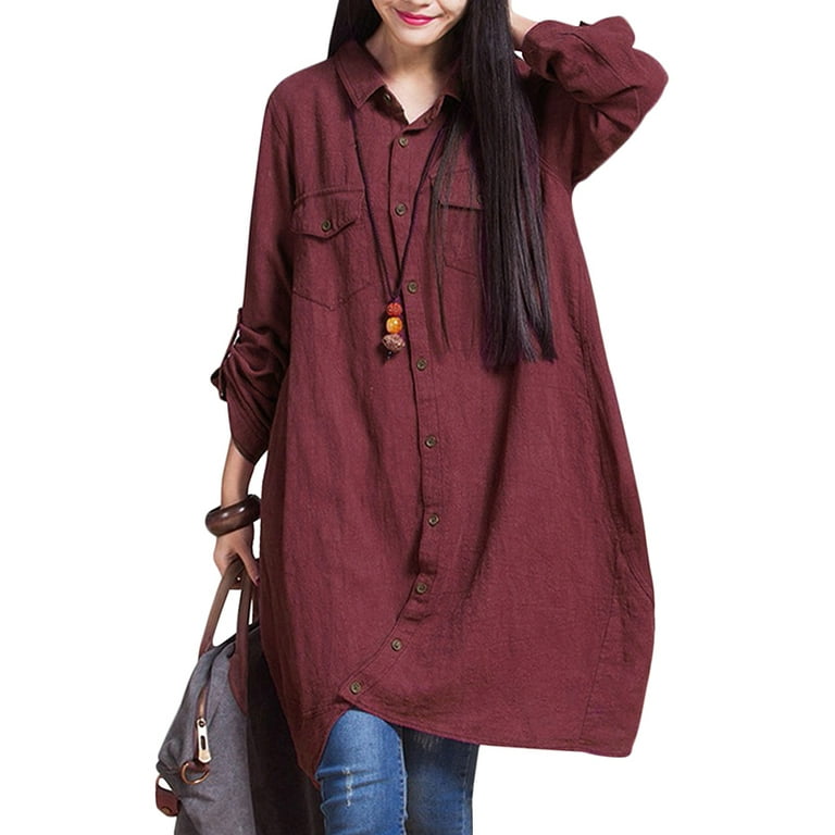 New Women Long Blouse Irregular Hem Long Sleeves Pockets Loose