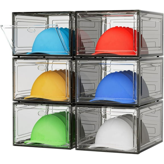 Hat Organizer Box, 6 Boxes for 40 Pack Hats, Upgrade Harder Solid Plastic Hat Organizer for Baseball Caps, Clear Hat Storage with Magnetic Door, Hat Rack Holder Case, Black