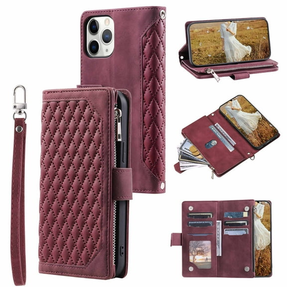 Dteck for iPhone 11 Pro Max Case,Wallet Case for Women Men, Durable PU Leather Magnetic Flip Lanyard Strap Wristlet Zipper Card Holder Wallet Phone Cases for iPhone 11 Pro Max,Winered