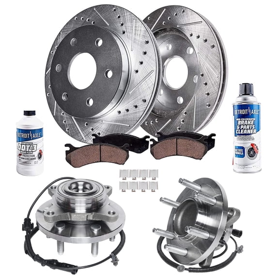 Detroit Axle - RWD Front Brake Kit for Ford 2010 F150, Drilled and Slotted Disc Brake Rotors Ceramic Brakes Pads Wheel Bearing Hubs Replacement