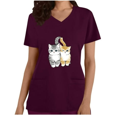 

JGGSPWM Women s Scrub Tops Scrub Medical Cute Cat Print V Neck Short Sleeve Tees Workwear Professional T-shirts Soft Comfy Holiday Blouse Wine XL