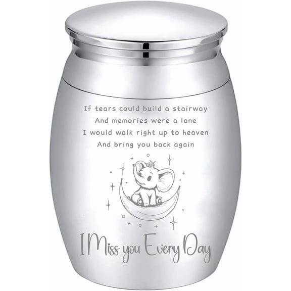 Mini Elephant Urn Silver Metal Urn Alloy Decorative I Miss You Every Day Pets Human Keepsake Memorial Cremation Small Ashes Holder Container for Funeral Burial Male Female 1.6 x 1.2 Inch Silver