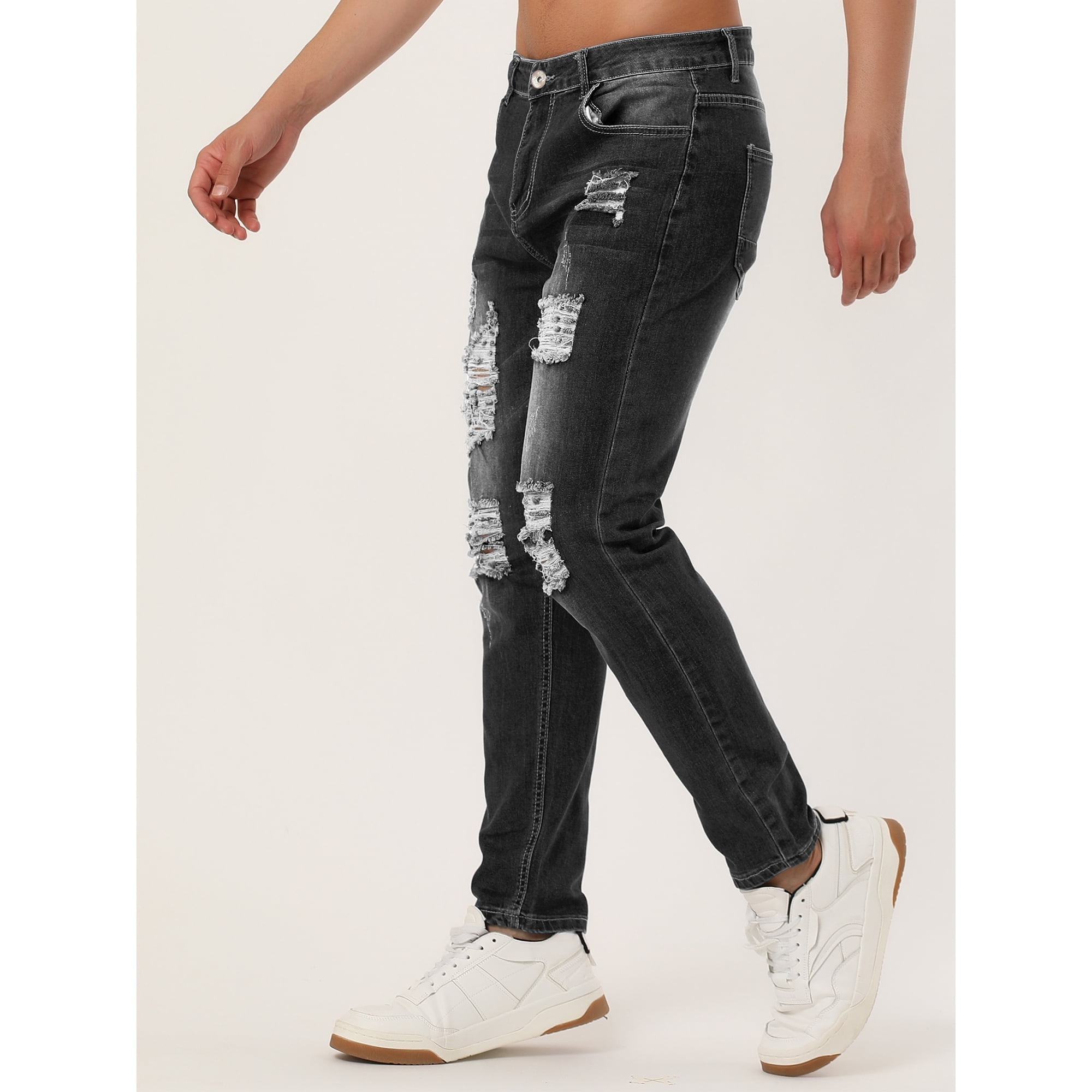 Unique Bargains Hommes Western Dechire Jean Slim Fit Detresse Skinny Jeans Pantalon Noir 32
