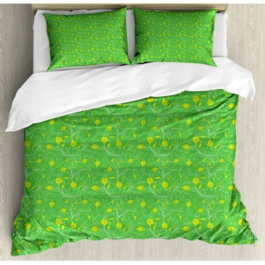 Flower Duvet Cover Set King Size, Romantic Swirling Lines with Blossoming Flowers Nature Illustration, Decorative 3 Piece Bedding Set with 2 Pillow Shams, Green Yellow and White, by Ambesonne