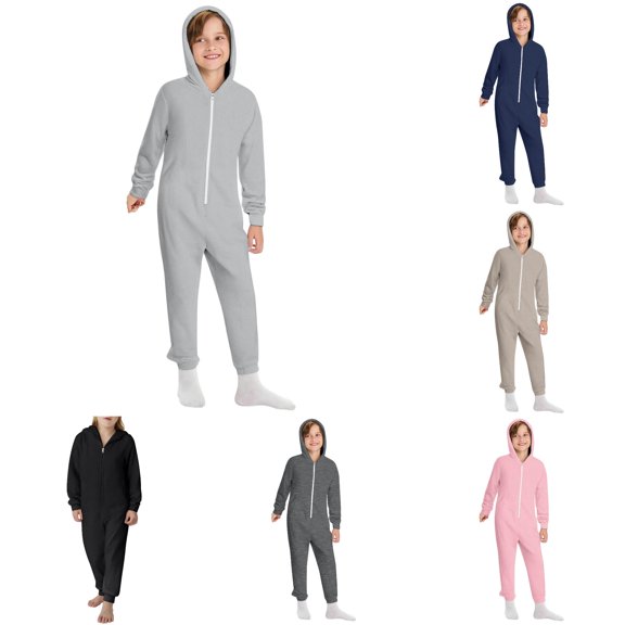 Hauaitttt Kids Girls Boys Solid Long Sleeves Zipper Sweatershirt Hooded Romper Jumpsuit Outfits for Children Baby Neutral Clothes