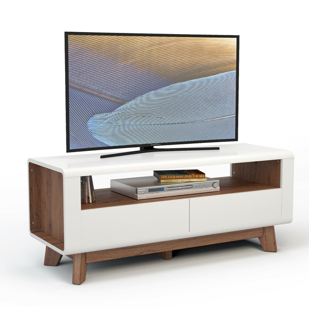 Finihen TV Stand, Media Console with 2 Pull-Out Drawers and Open Compartment for TVs up to 50 Inch, Media Entertainment Center with Storage, for Living Room, Bedroom, White & Oak