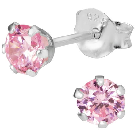 Childrens Sterling Silver Birthstone Earrings - Hypoallergenic Sterling Silver Pink CZ Simulated Diamond Stud Earrings for Kids (Nickel Free)