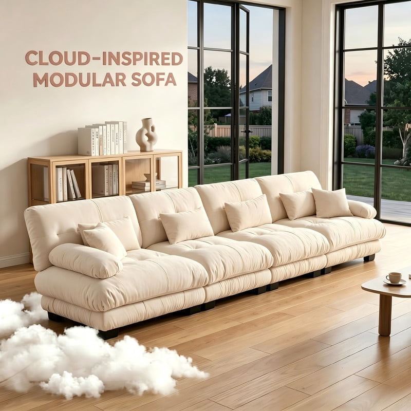 ANPPORT Cloud Couch Sleeper Sofa, Chenille Light Coffee 4-Seater Modular Sofa, 4 Lumbar pillows, 2 Pillows, Comfy Deep Seat Cloud Sofa, Convertible L-Shaped Floor Couch for Living Room