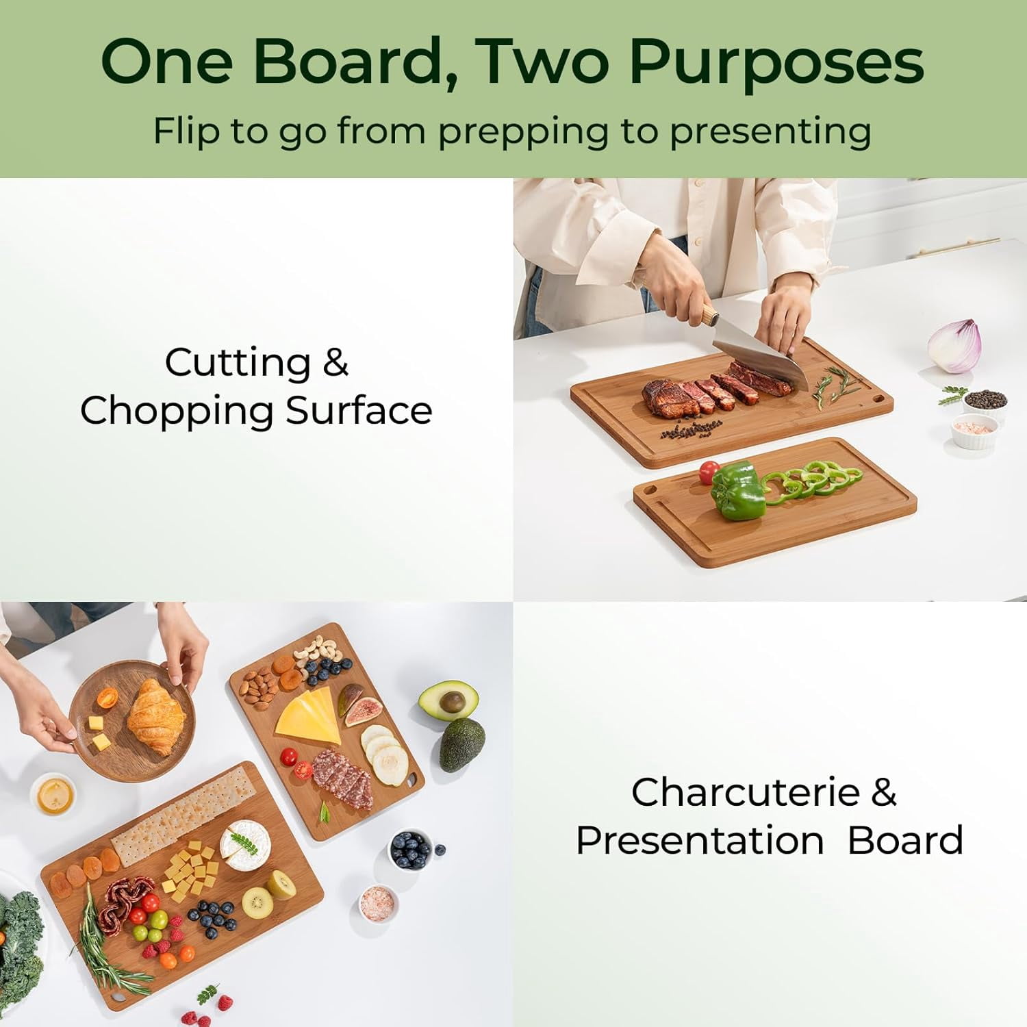 Keechee Carbonized Bamboo Cutting Board Set, 2 Piece, Brown, 15 in x 10 in and 12 in x 8 in, with Juice Groove and Built-in Handles