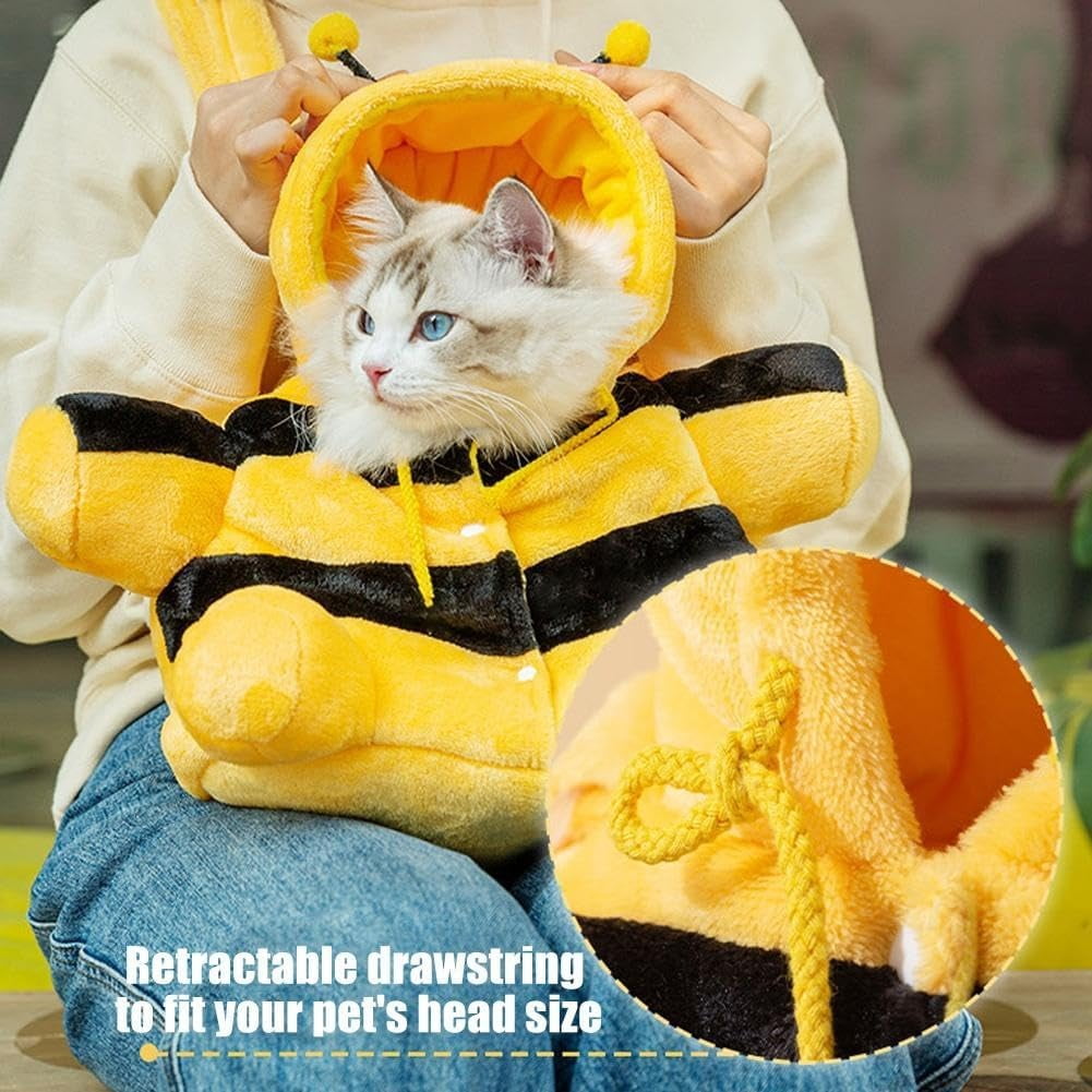 Cat Puppy Plush Outing Backpack, Soft Winter Warm Pet Carrier with Adjustable Crossbody Strap, Foldable Travel Backpack in Bee and Bear Style for Small Dogs and Cats
