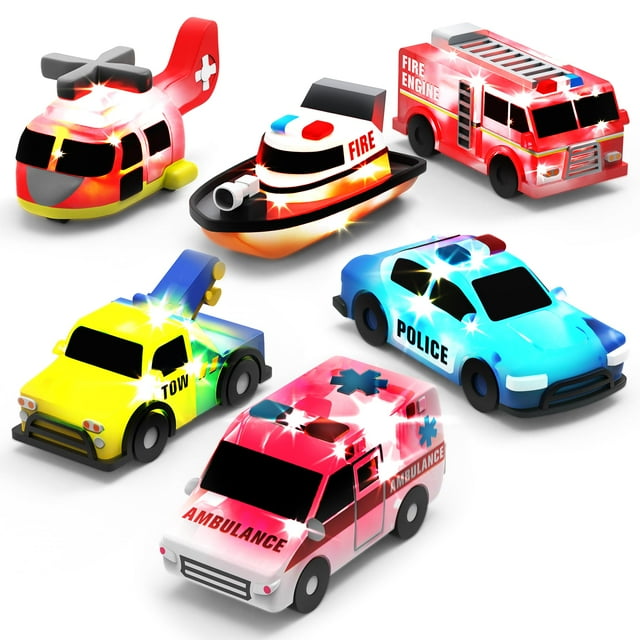 Juguetes de baño Tub Works para coches de emergencia con iluminación, paquete de 6 unidades para niños