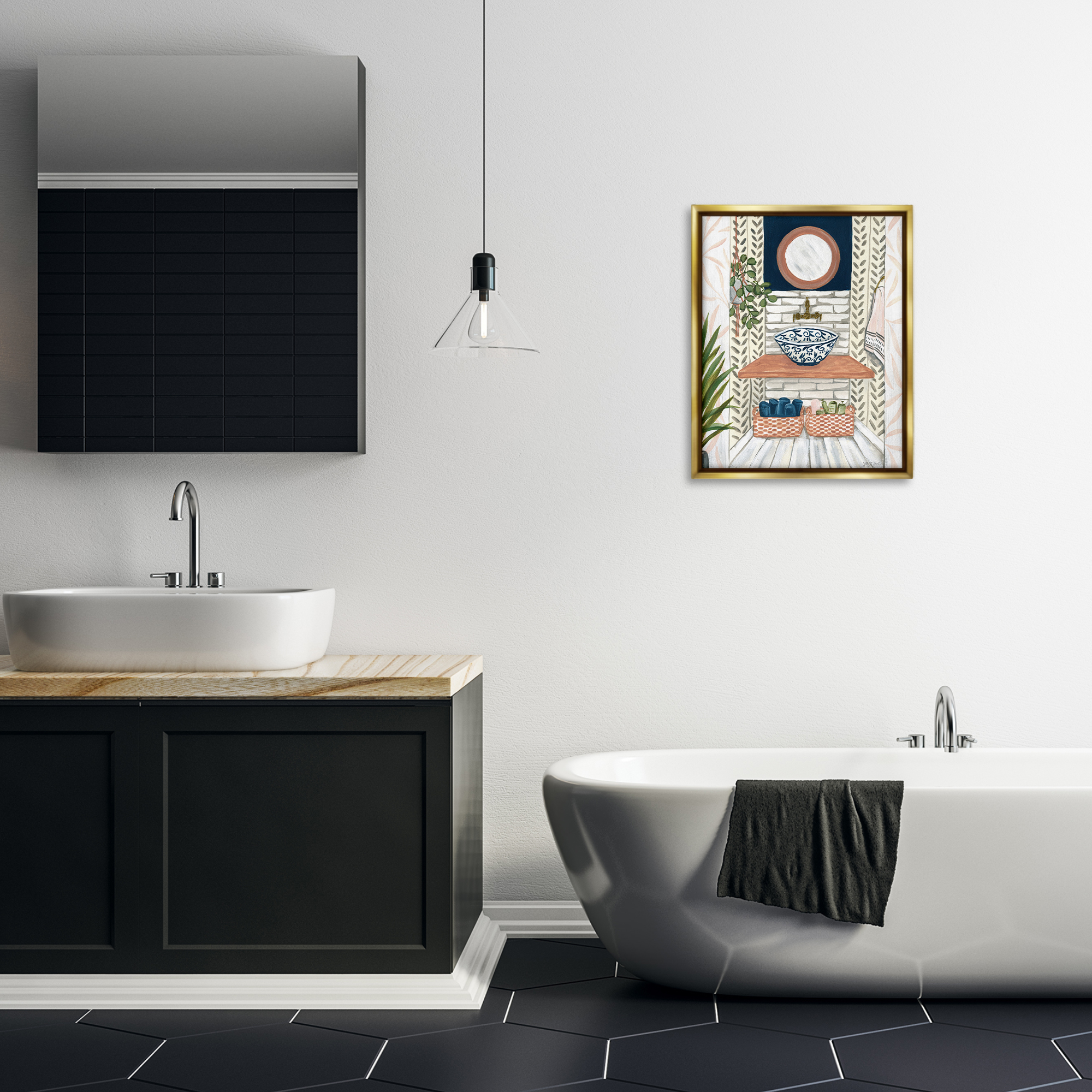 Stupell Industries Chic Bathroom Scene Typography Painting Gold Floater Framed Canvas Art Print Wall Art, 17 x 21