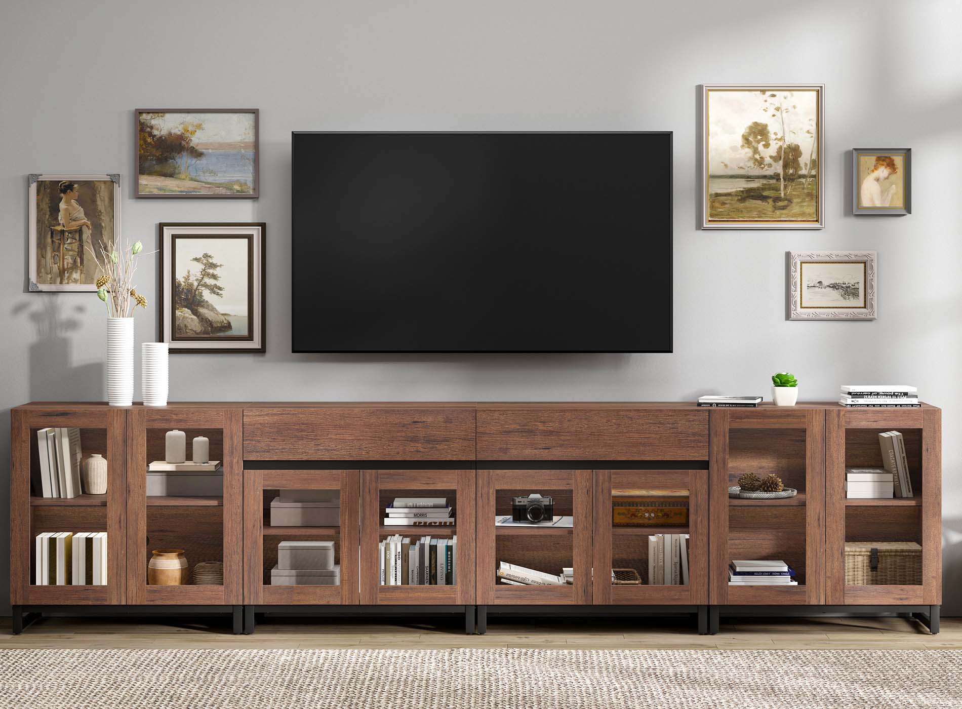 Modern 4-in-1 TV Stand, Entertainment Center with Glass Doors, 2 Drawers & Adjustable Shelf, Media Console for Living Room Bedroom, Fits TVs up to 120 Inch,Brown