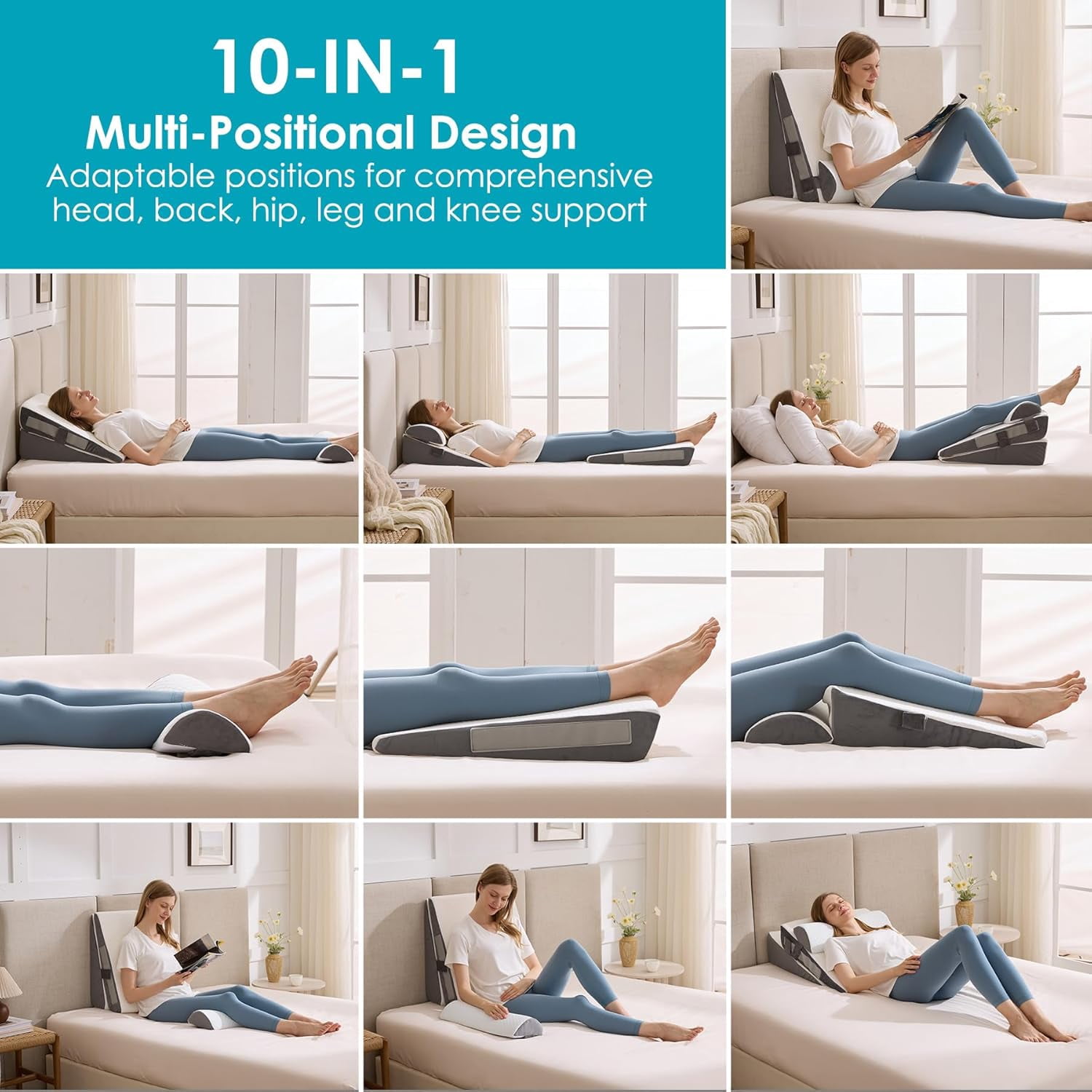 3Pcs Wedge Pillow Set for After Surgery,Acid Reflux Relief, Adjustable Bed Wedge Pillows for Sleeping,Anti Snore, Memory Foam Triangle Pillow for Back&Neck&Shoulder Pain Relief, White&Grey