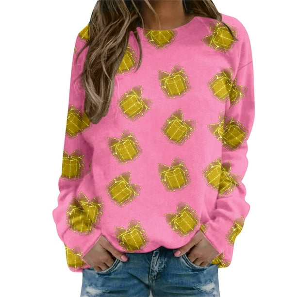Gibobby Sudaderas de Navidad para mujer Blusa de sudadera estampada con cuello redondo y manga larga para entrenamiento diario en casa y al libre para mujer(Rosa,XG)