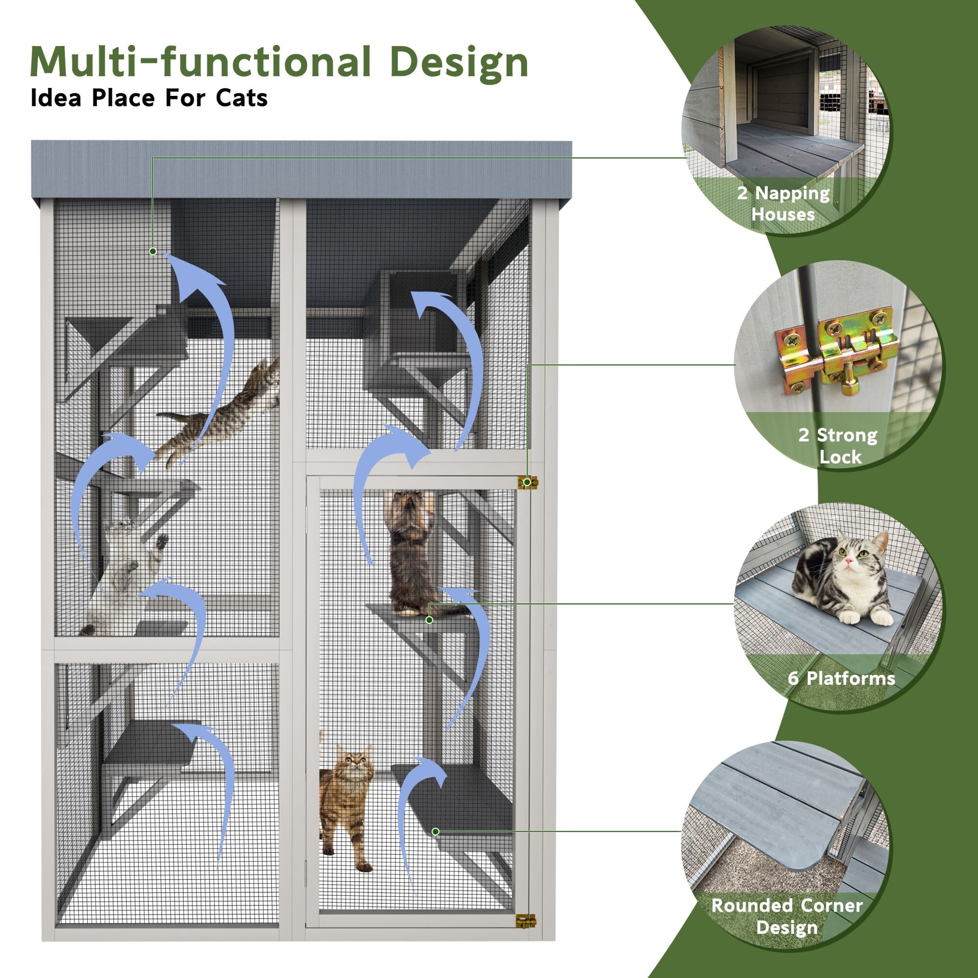 AENKYO 70.5'' H Outdoor Catio Cat Enclosure with Waterproof Roof, 6 Platforms, 2 Napping Houses, Cat House for Multiple Cats, Gray