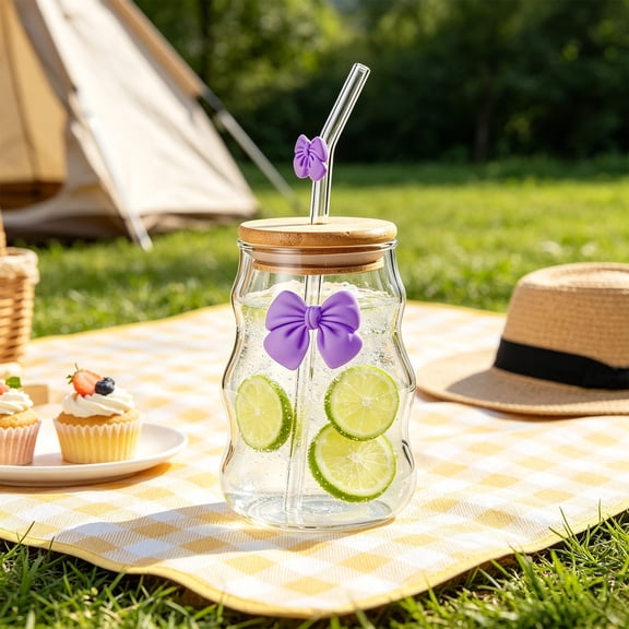 Emdiqzs 450ml Glass Tumbler Glass Tumbler Drinkware Bow Decor Glass Cup with Lid Straw for Iced Drink