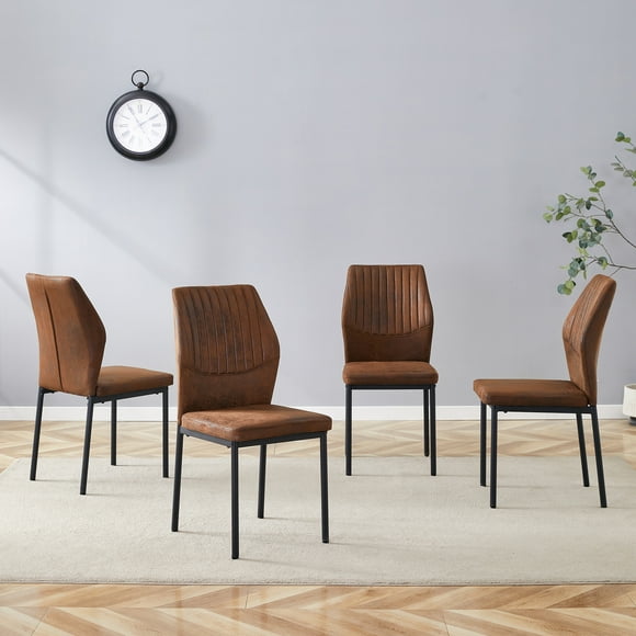 Light Luxury Chair - A set of 4 comfortable brown technology fabric dining chairs with metal black legs. The backrest has a vertical stripe design.Suitable for living rooms, dining rooms