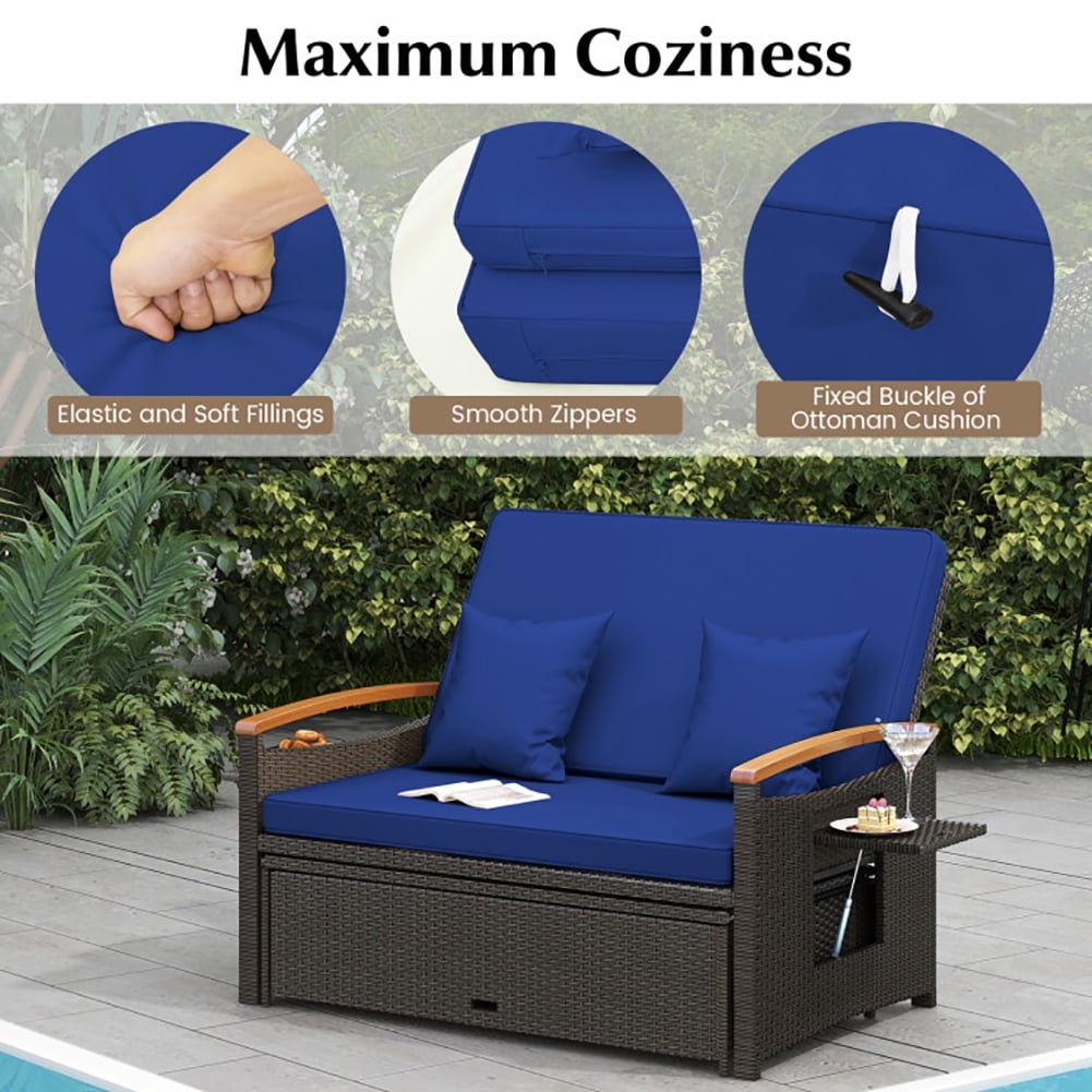 Aimee Lii Outdoor Wicker Daybed with Folding Panels and Storage Ottoman, Outdoor Patio Furniture, Navy
