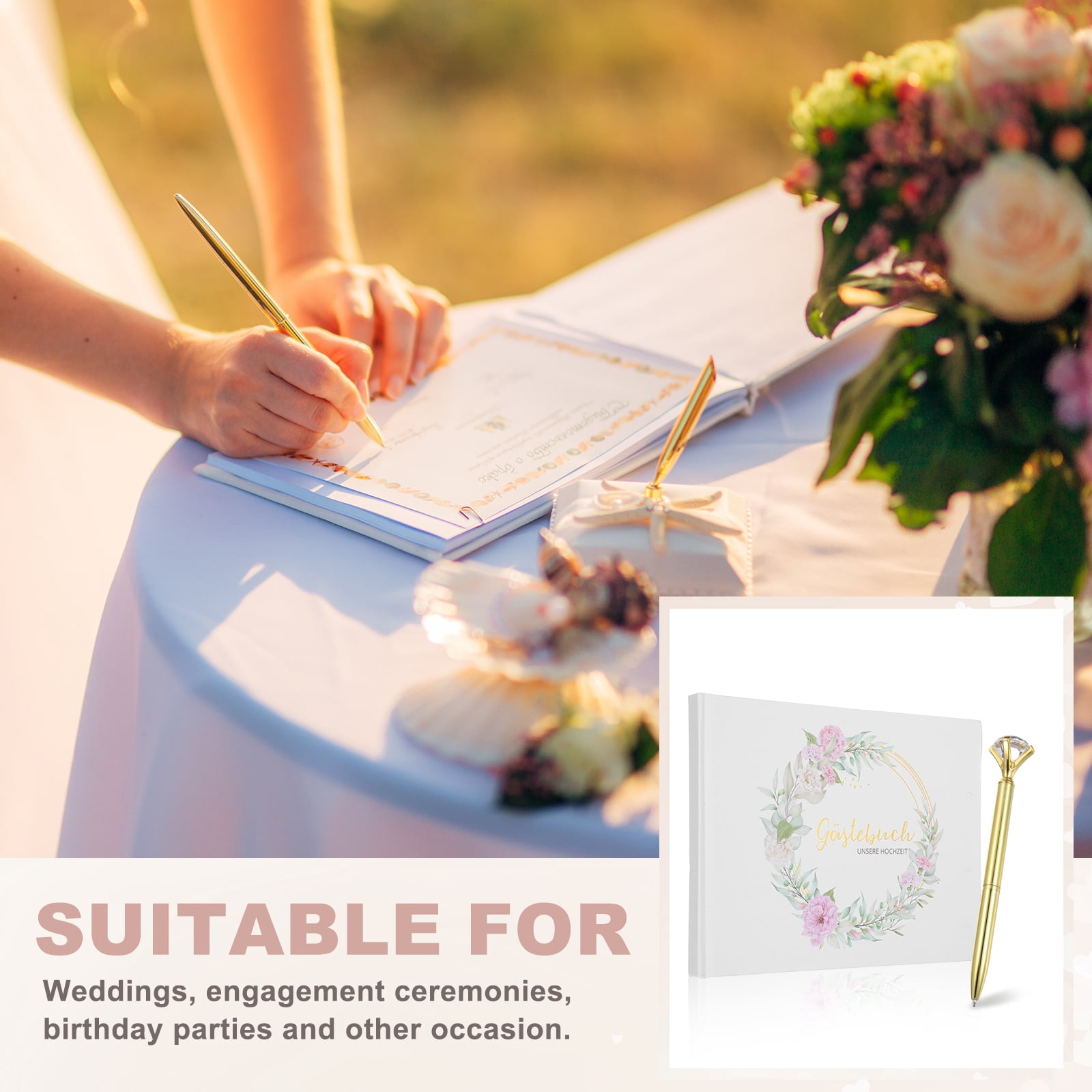Uxcell Guest Book, 9.3x7" Elegant Wedding Guestbook German Wreath Cover Memory Book with Diamond Signing Pen and Greeting Card for Wedding Bridal Shower Birthday Party Events, Gold Tone