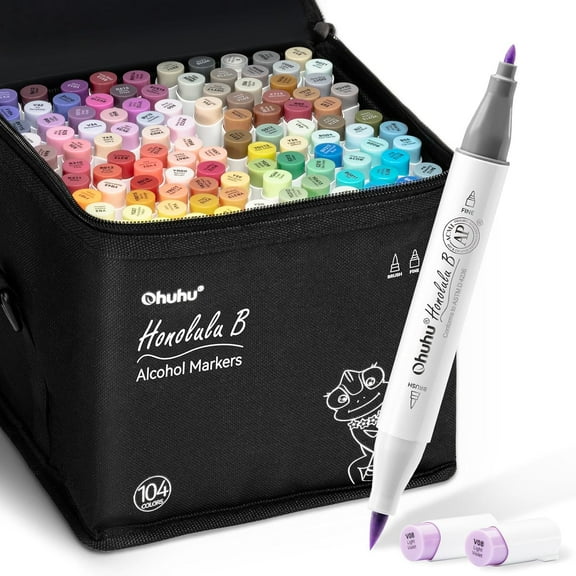 Ohuhu 104-Color Alcohol Markers, Dual Tip Brush & Fine, Refillable, for Adults & Artists, Honolulu B-New Color Code