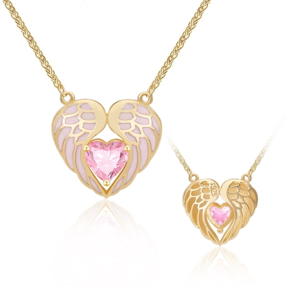 CeaKIev S925 Sterling Silver Angel Wings Heart Necklace with Pink CZ, 18K Gold Plated Pendant for Women