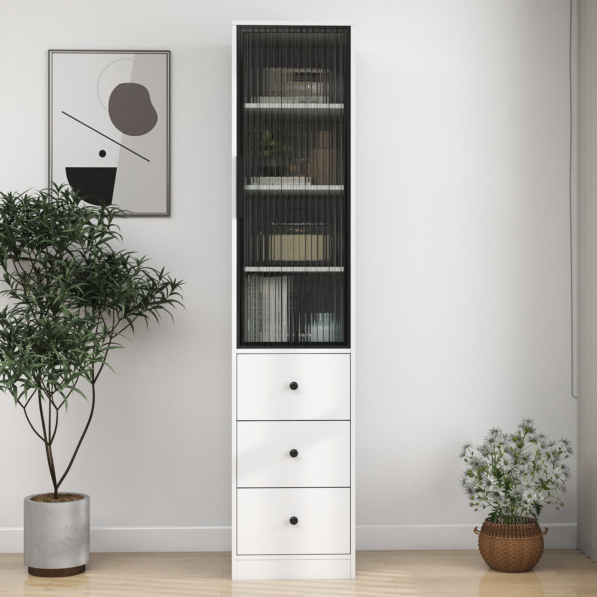 Tall Bathroom Storage Cabinet Narrow Unit with Glass Door 3 Drawers, White