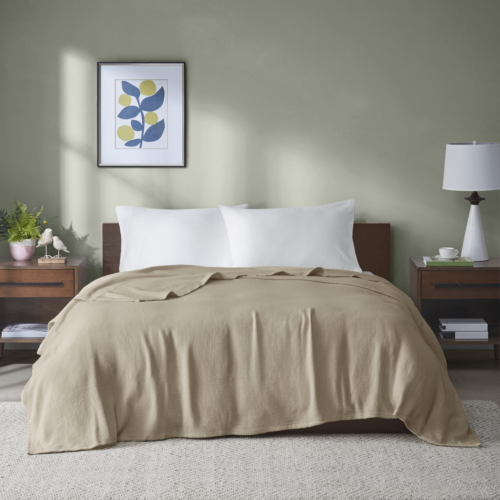 Home Essence Knit Freshspun Basketweave Cotton Blanket, 108x90, King, Khaki