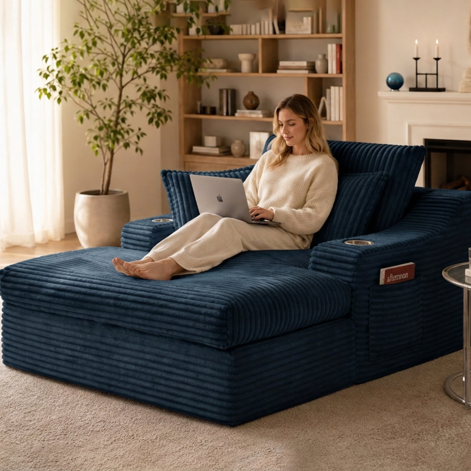 Leumius 67" Oversized Chaise Lounge Chair Indoor, Boneless Chaise Lounge Chair with Cup Holders & 3 Pillows, Cloud Corduroy Chaise Sofa Bed Sleeper Couches for Living Room No Assembly Require,Blue