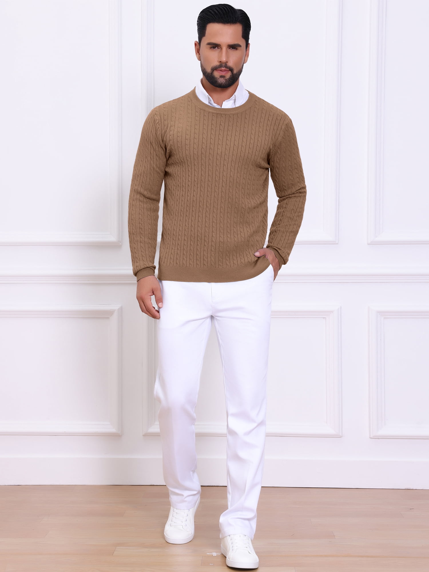 DARING DIVA Men's Crew Neck Long Sleeve Soft Cable Knit Pullover Sweater M Brown