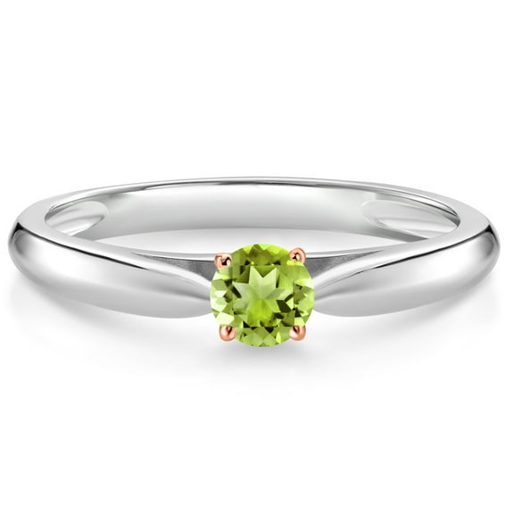 Gem Stone King 925 Silver and 10K Rose Gold Green Peridot Solitaire Engagement Ring for Women (0.21 Cttw, Gemstone August Birthstone, Round 3.5MM, Size 6)