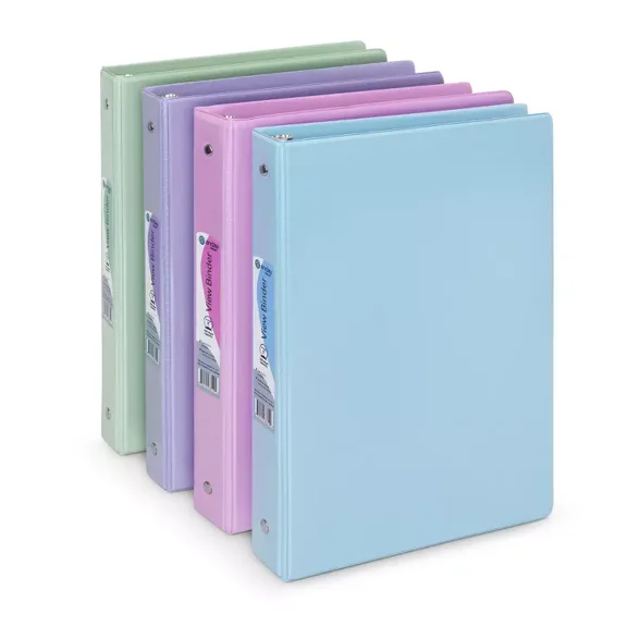 Enday 3 Ring Binder, Round Ring Pastel With Clear View Cover for Letter Size 8.5 x 11'' Paper & 2 Inside Pockets, 4 Pack 1-Inch