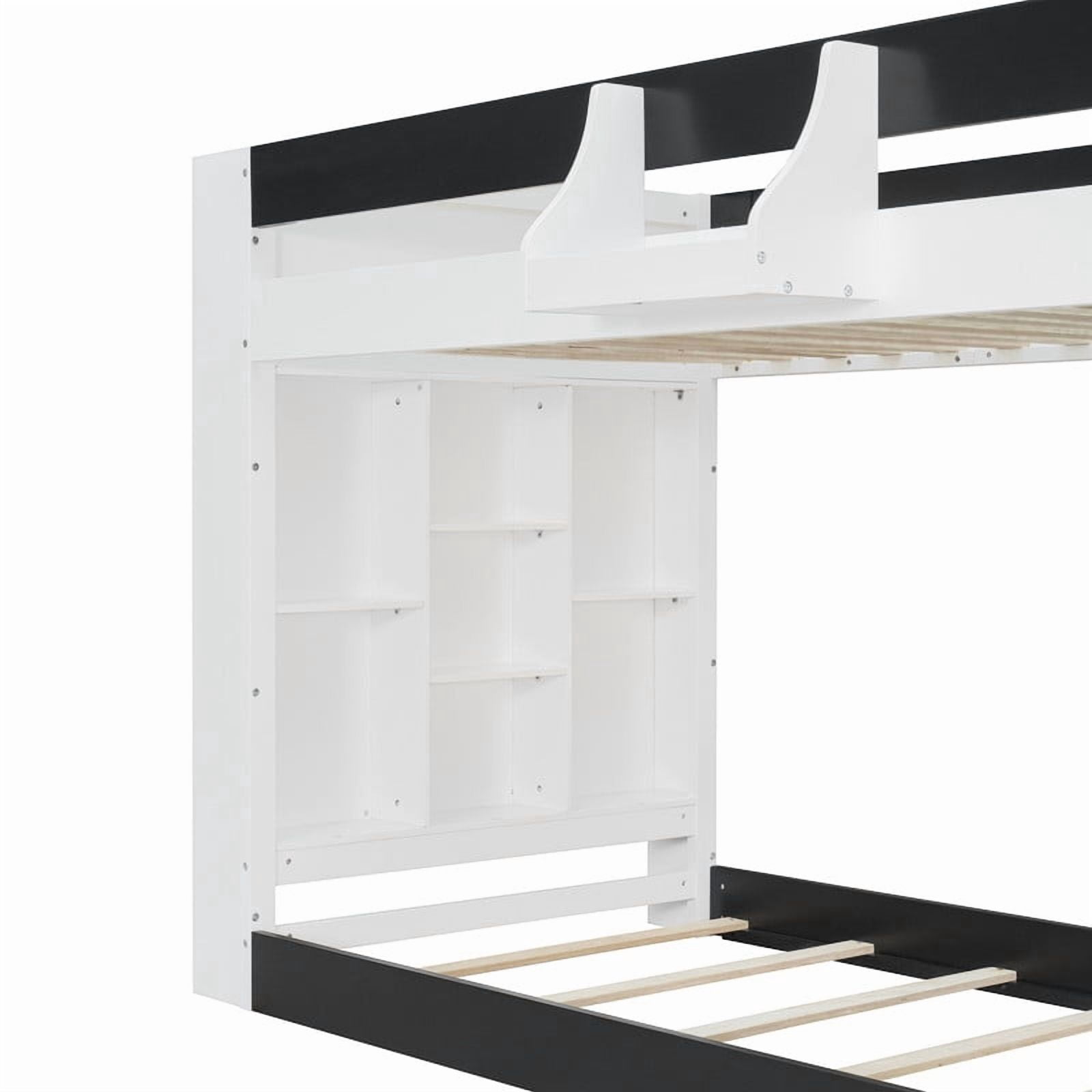Twin-Over-Twin XL Kids/Teens Bunk Bed with Open Shelves & Guardrail, Accent Two-Tone Wood Storage Bed Frame with Bedside Rack