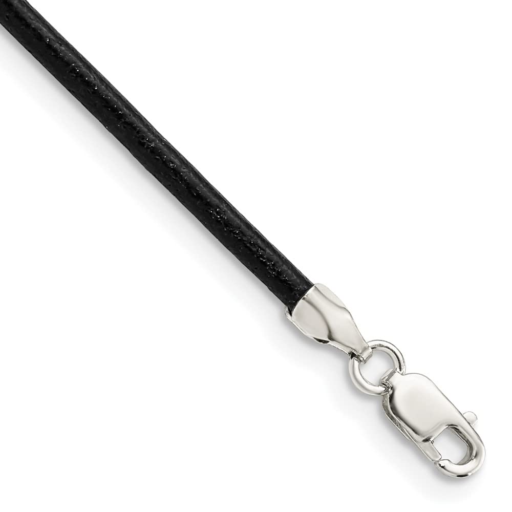 925 Sterling Silver 2mm Black Leather Cord Necklace 18 Inch