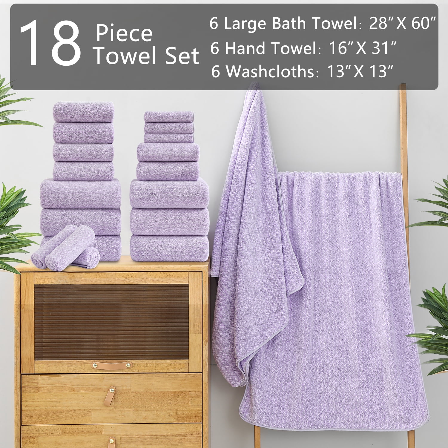 Covina Home 18 Piece Bath Towels Set,100% Microfiber Family Bathroom Towel with Hanging Loops-6 Bath Towels,6 Hand Towels,6 Washcloths,Quick Dry Highly Absorbent Shower Towel for Bathroom,Hotel,Spa