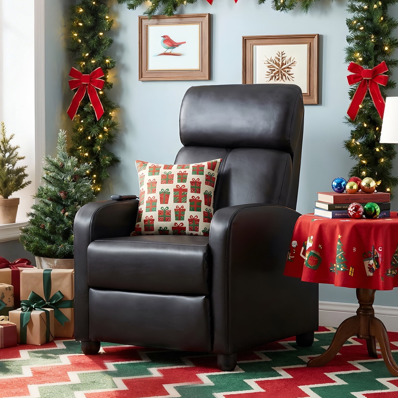 Bonzy Home Theater Recliner with Massage for Living Room  Breathable leather Black
