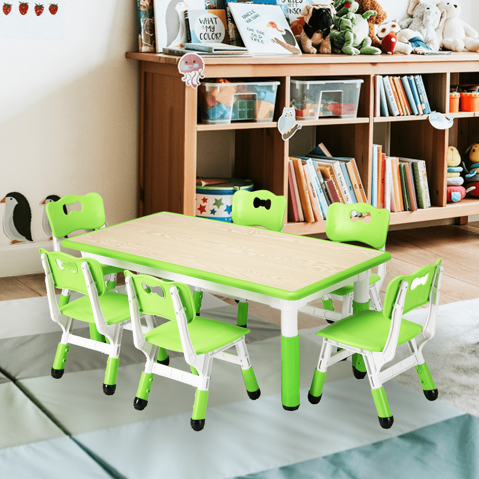 Zzistar 7 Piece Kids Table and Chairs Set, Height Adjustable Desk with 6 Seats Backrest Chair, Max 300lb Children Graffiti Table